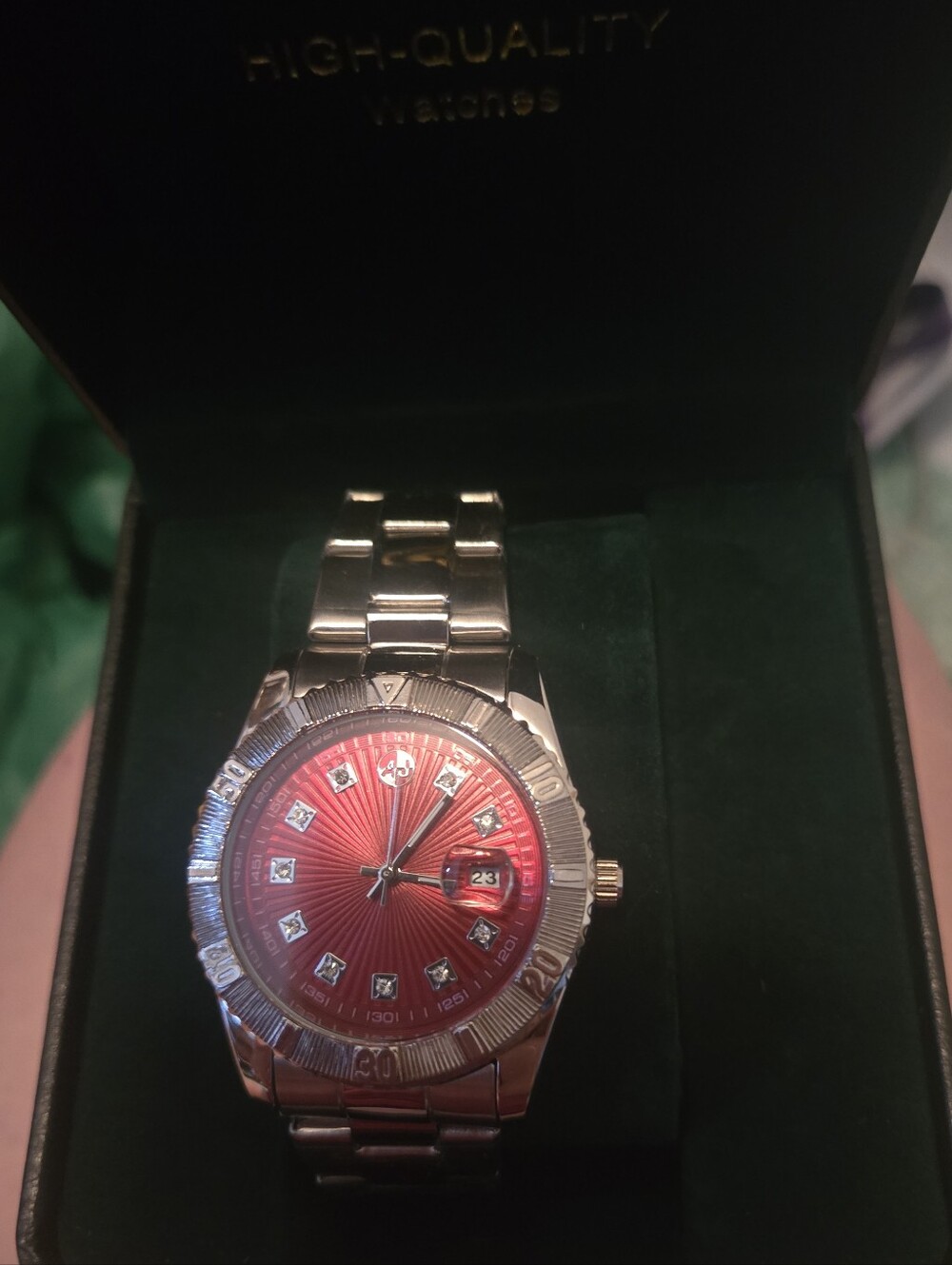 Men's Silver Watch with Red Dial